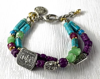 Turquoise Jade Pewter Brass Boho Style Totem Two Strand Bracelet: Blue Purple Green