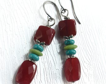 Faceted Dark Red Jade Chrysoprase Turquoise Pewter Earrings: Kaleidoscope Collection