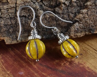 Yellow Melon Drop Czech Glass Boho Silver Pewter Earrings: Rustic Boheme