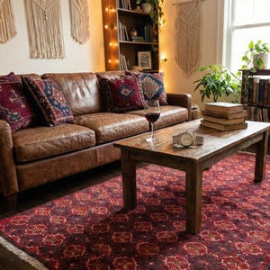 Unikatowy turecki bieżnik 3x6, głęboki rubinowoczerwony geometryczny wzór, rzadki wystrój Dark Academia, drobny węzeł