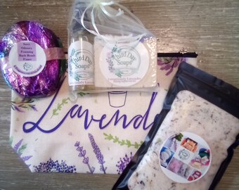 Lavender 4 pc. Spa Bath and Body Gift Set. Includes lovely lavender embroidered muslin bag
