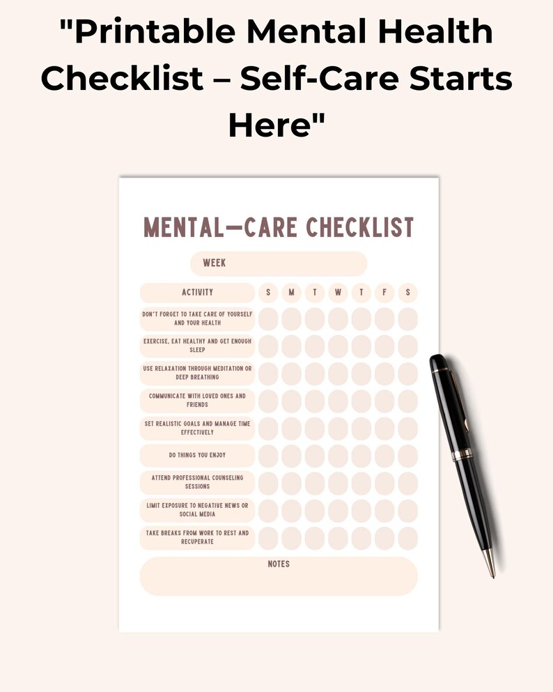 Mental Health Checklist Printable Self Care Habit Tracker PDF JPG Il Dunk