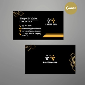 Sjabloon voor moderne zwarte en gouden visitekaartjes | Bewerkbare canvaskaart | Elegant professioneel visitekaartjeontwerp
