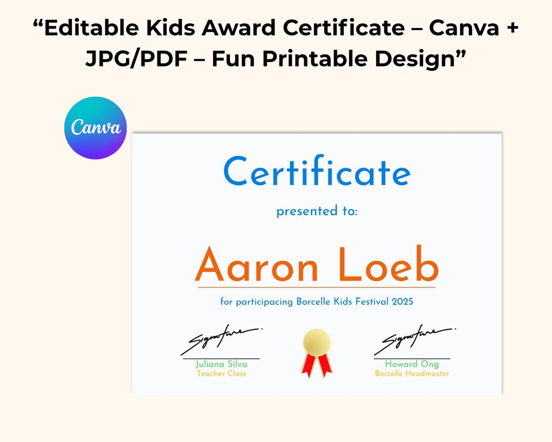 Editable Kids Award Certificate | Canva Template + Printable JPG | Fun ...