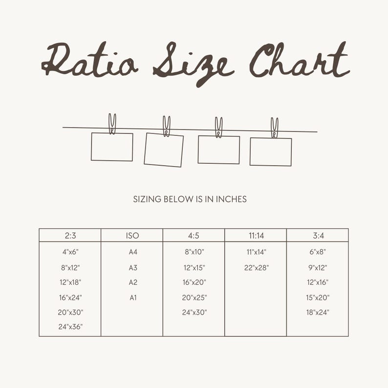 May include: A chart showing different paper sizes and their corresponding dimensions in inches. The chart is divided into four columns, each representing a different aspect ratio: 2:3, ISO, 4:5, and 11:14. The chart also includes a column for 3:4 aspect ratio. The chart is titled "Ratio Size Chart" and the text "SIZING BELOW IS IN INCHES" is below the chart.