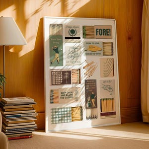 May include: A white frame containing a collage of matchboxes with golf-themed illustrations and text. The matchboxes have a vintage style and include phrases such as "FORE!" and "Born to Golf, Forced to Work".