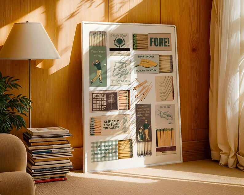 May include: A white frame containing a collage of matchboxes with golf-themed illustrations and text. The matchboxes have a vintage style and include phrases such as "FORE!" and "Born to Golf, Forced to Work".