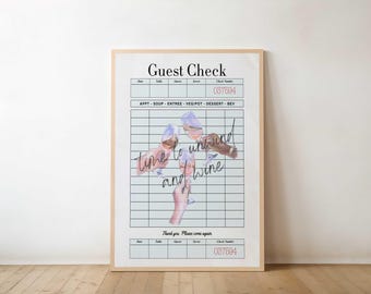 Time to Unwind and Wine Guest Check Print, Light Blue Bar Cart Decor, Trendy Kitchen Art, Funky Cocktail Alcohol Poster, Beachy Wall Art