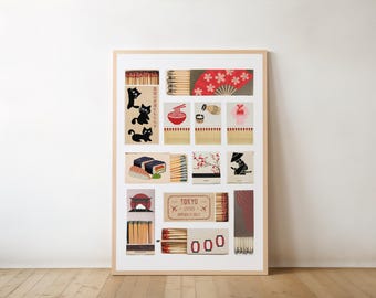 Japanese Vintage Matchbox Print, Retro Japandi Wall Art, Maximalist, Trendy, Black Cat, Matches Poster, Wabi Sabi Decor, Digital Download