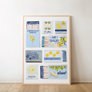 Amalfi Coast Lemons Matchbook Art Print, Beachy Wall Art, Coasty Room Decor, Digital Download, Printable Bar Cart Wall Art, Housewarming