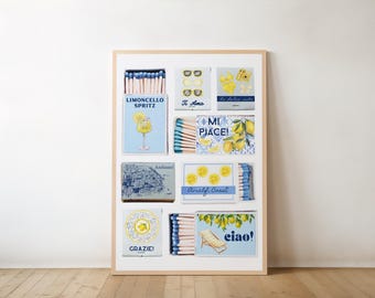 Amalfi Coast Lemons Matchbook Art Print, Beachy Wall Art, Coastal Room Decor, Digital Download, Printable Bar Cart Wall Art, Housewarming