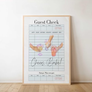Cheers Babe gastcheque digitale print, cocktailprint, beachy lichtblauwe poster, trendy funky keukenmuurkunst, print van alcoholbarwagen, cocktailprint