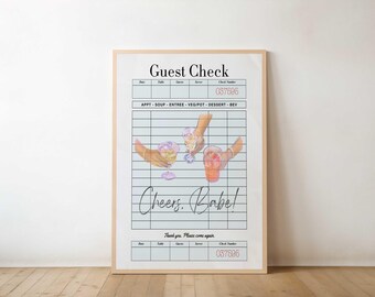 Cheers Babe Guest Check Digital Print, Cocktail Print, Beachy Light Blue Poster, Trendy Funky Kitchen Wall Art, Alcohol Bar Cart Print