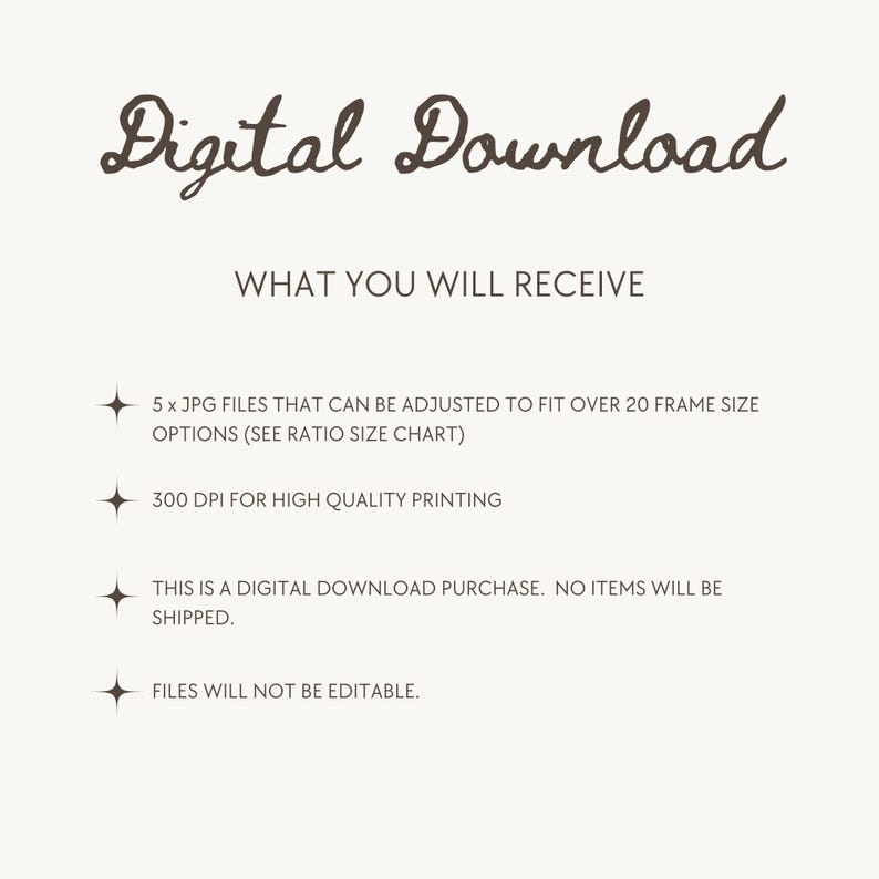 May include: Digital download listing for 5 JPG files of a printable design. The files can be adjusted to fit over 20 frame sizes and are 300 DPI for high quality printing. The listing states that the files are not editable and no physical items will be shipped.