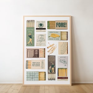 May include: A collection of 12 vintage matchboxes featuring golf-themed illustrations and text. The matchboxes are arranged in a grid pattern on a white background. The text on the matchboxes includes "FORE!", "Born to Golf, Forced to Work", "Keep Calm and Blame the Caddie", "St. Andrews", "Pebble Beach", and "Trust Your Swing".