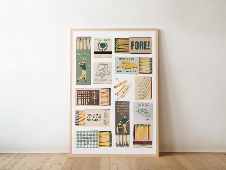 May include: A collection of 12 vintage matchboxes featuring golf-themed illustrations and text. The matchboxes are arranged in a grid pattern on a white background. The text on the matchboxes includes "FORE!", "Born to Golf, Forced to Work", "Keep Calm and Blame the Caddie", "St. Andrews", "Pebble Beach", and "Trust Your Swing".