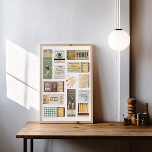 May include: A collage of vintage matchbox labels featuring golf-themed illustrations and text. The labels include phrases such as "FORE!" and "Born to Golf, Forced to Work".