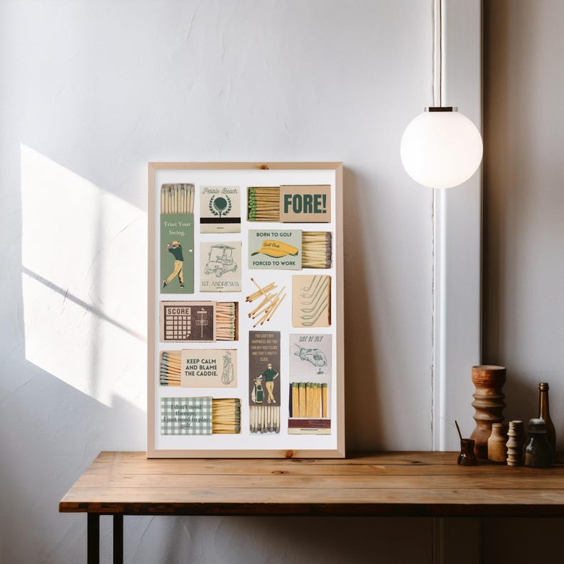 May include: A collage of vintage matchbox labels featuring golf-themed illustrations and text. The labels include phrases such as "FORE!" and "Born to Golf, Forced to Work".