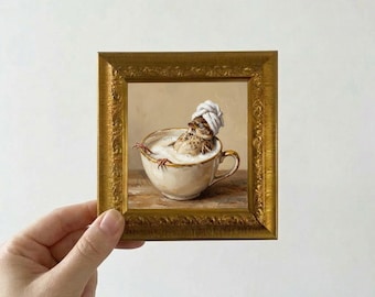 Funny Bird Bathing Oil Painting Small Framed Canvas Wall Art