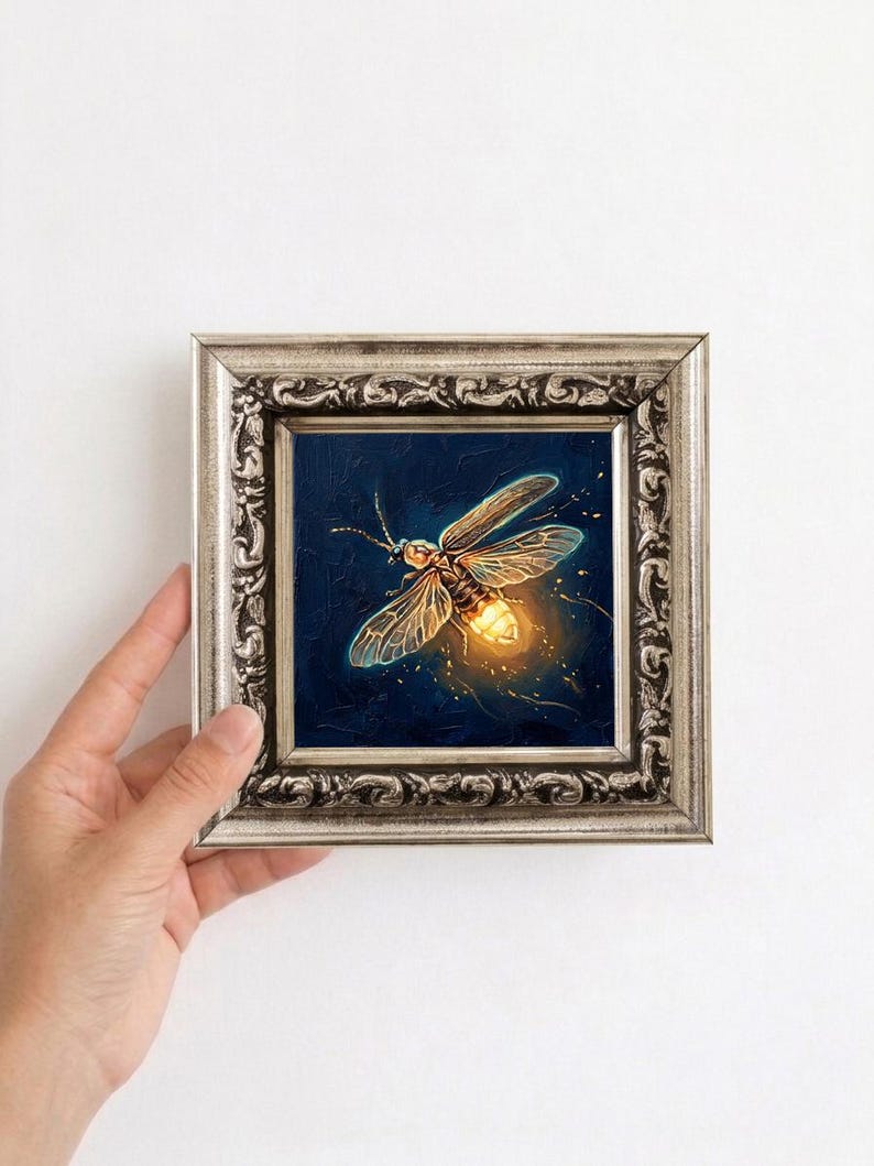 Puede incluir: Pintura enmarcada de una luci&eacute;rnaga con abdomen brillante y alas transl&uacute;cidas. La obra de arte est&aacute; sobre un fondo azul oscuro, y el marco es plateado con detalles ornamentados. La pintura se sostiene sobre un fondo blanco.