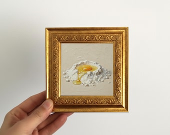 Hand Painted Still Life Egg Yolk and Flour Oil Painting, Framed Kitchen Wall Art