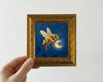 Funny Bee Carrying the Moon Oil Painting Mini Framed Canvas Wall Art