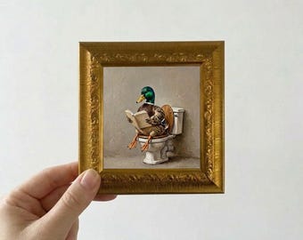 Duck Reading in Toilet Oil Painting Mini Framed Canvas Wall Art
