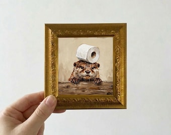 Otter Peeking with Tissue Oil Painting Mini Framed Canvas Wall Art