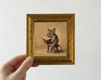 Lezende muis olieverfschilderij mini ingelijste canvas muurkunst