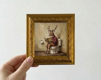 Deer Reading Book on Toilet Oil Painting Small Framed Canvas Wall Art