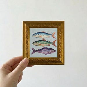 Sardine Fisch Mini Original Ölgemälde, handgemalte Küsten Kunst, gerahmte Wanddekoration