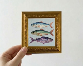 Sardine Fish Mini Original Oil Painting, Hand Painted Coastal Sea Art, Framed Wall Decor