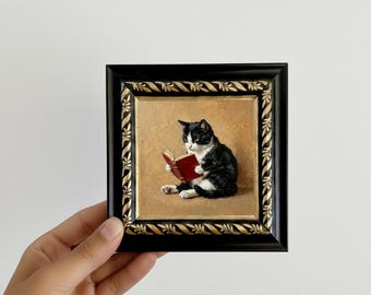 Reading Cat Oil Painting Mini Framed Canvas Wall Art