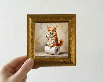 Funny Corgi Drinking Coffee on Toilet Paper Oil Painting Small Framed Canvas Wall Art