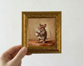 Mouse Carrying Coffee Oil Painting Small Framed Canvas Wall Art