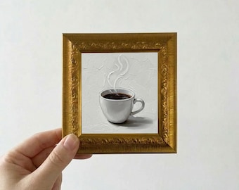 Hand Painted Coffee Oil Painting, Framed Wall Art for Kitchen Decor