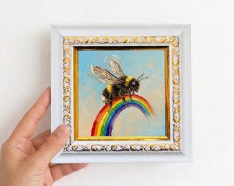 Funny Bee Carrying Rainbow Oil Painting Mini Framed Canvas Wall Art