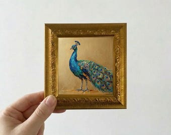 Peacock Oil Painting Mini Framed Canvas Wall Art