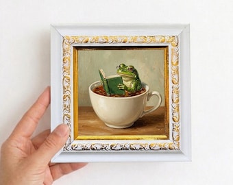 Frog Reading Book in Teacup Oil Painting Small Framed Canvas Wall Art