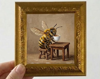 Pintura a óleo de uma abelha bebendo café, tamanho pequeno, em tela com moldura.