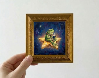 Frog Sitting on a Star Drinking Coffee Oil Painting Mini Framed Canvas Wall Art