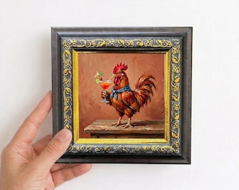 Funny Chicken with Cocktail Oil Painting Mini Framed Canvas Wall Art