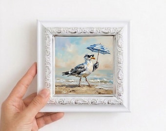 Funny Seagull Carrying Umbrella at the Beach Oil Painting Small Framed Canvas Wall Art