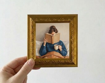 Mujer leyendo en la cama, pintura al óleo, lienzo pequeño enmarcado, arte de pared