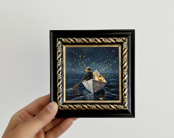 Fisherman in Paper Boat at Night Oil Painting Small Framed Canvas Wall Art