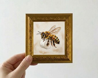 Bee Carrying Toilet Paper Oil Painting Mini Framed Canvas Wall Art