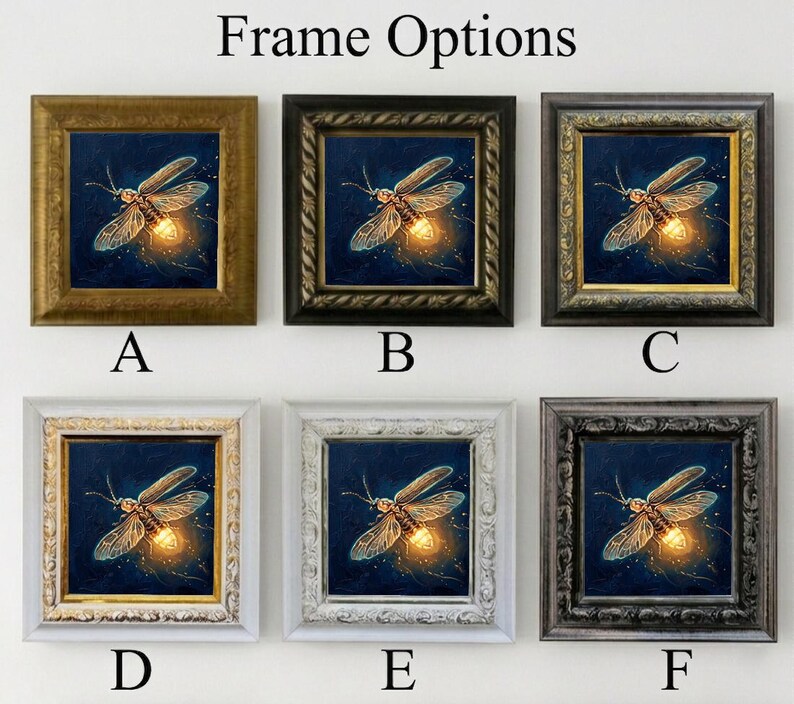 Puede incluir: Seis impresiones art&iacute;sticas enmarcadas con una luci&eacute;rnaga brillante sobre un fondo azul oscuro. Los marcos est&aacute;n disponibles en oro, negro, plata y blanco, con opciones de la A a la F. El texto "Frame Options" est&aacute; en la parte superior.