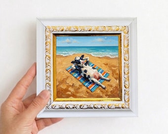 Cow Sunbathing on the Beach Oil Painting Small Framed Canvas Wall Art