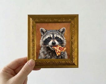 Funny Raccoon Eating Pizza Oil Painting Small Framed Canvas Wall Art
