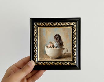 Woman Reading Inside Teacup Oil Painting Small Framed Canvas Wall Art